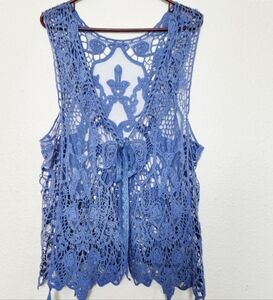 Blue Crocheted Lace Vest Tatted Ornate Design Boho Festival Size M
